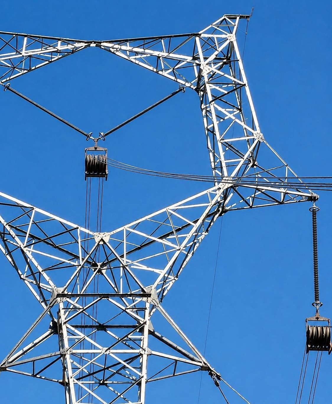 Vista de baixo de torre de Linha de Transmissão contra céu azul, com carretel de cabo suspenso