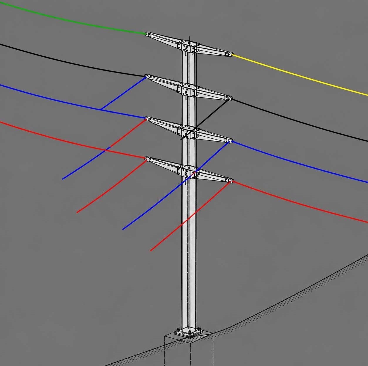 Modelo 3D técnico de torre de Linha de Transmissão mostrando circuitos e cabos coloridos por fase